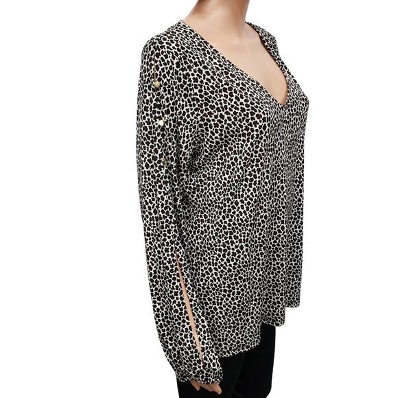 NWT MICHAEL KORS Arm Slit Animal Print Top Blouse Women L V-Neck Ruby Black - Picture 7 of 14